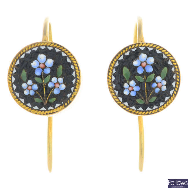 A pair of micro mosaic forget-me-not earrings.