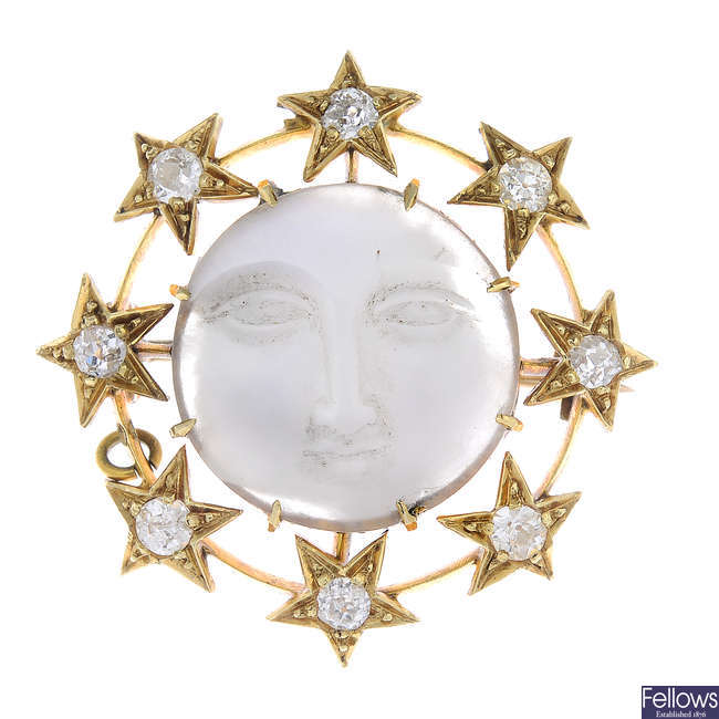 A late Victorian gold moonstone man-in-the-moon and diamond star brooch.