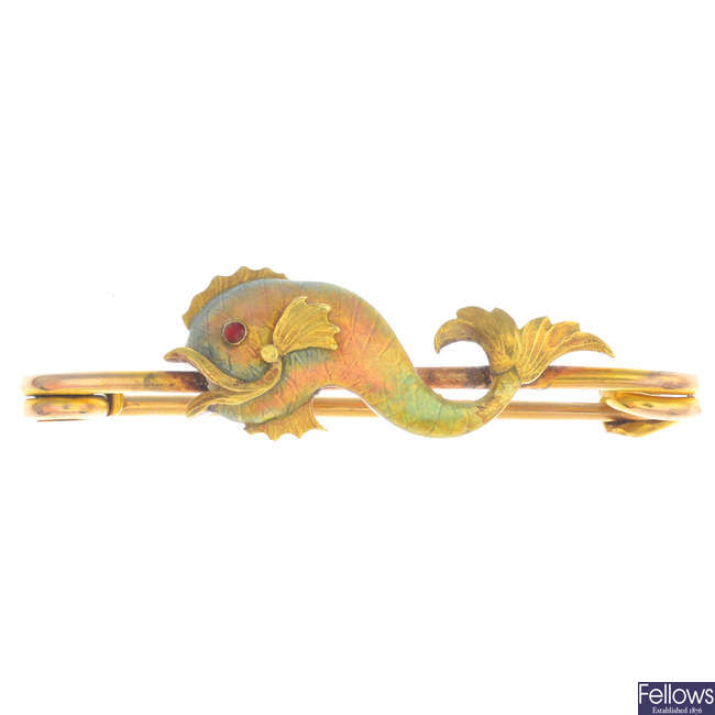 A late 19th century 15ct gold enamel fish brooch.