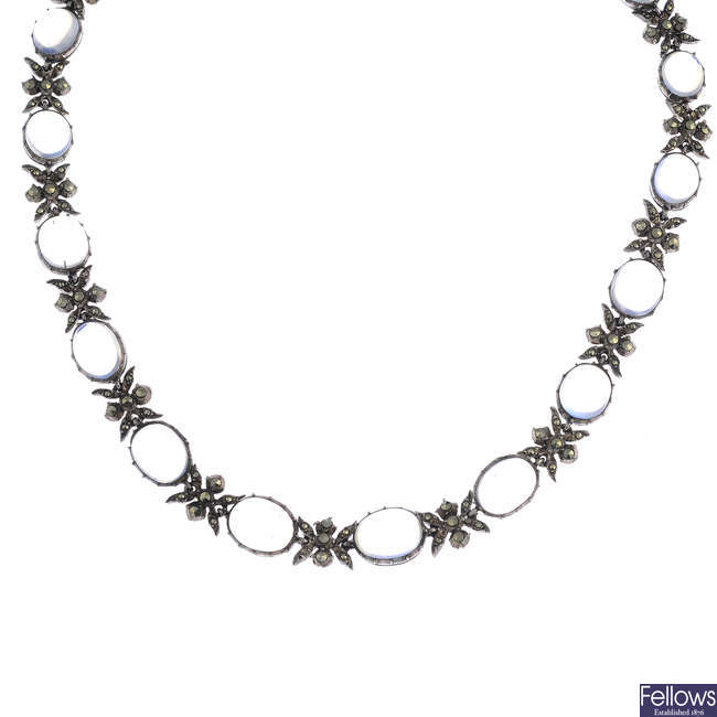 SIBYL DUNLOP - a silver moonstone and marcasite foliate necklace.
