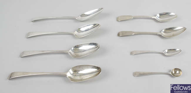 A selection of George III & later spoons to include Bateman family examples. (8).