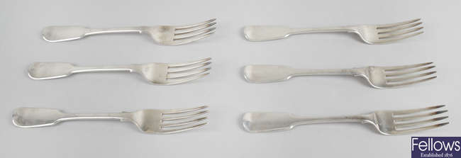 A set of six mid-19th century silver Fiddle pattern table forks, marked Elgin.