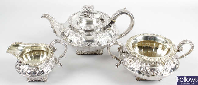 A George IV silver three piece tea service by William Bateman II.