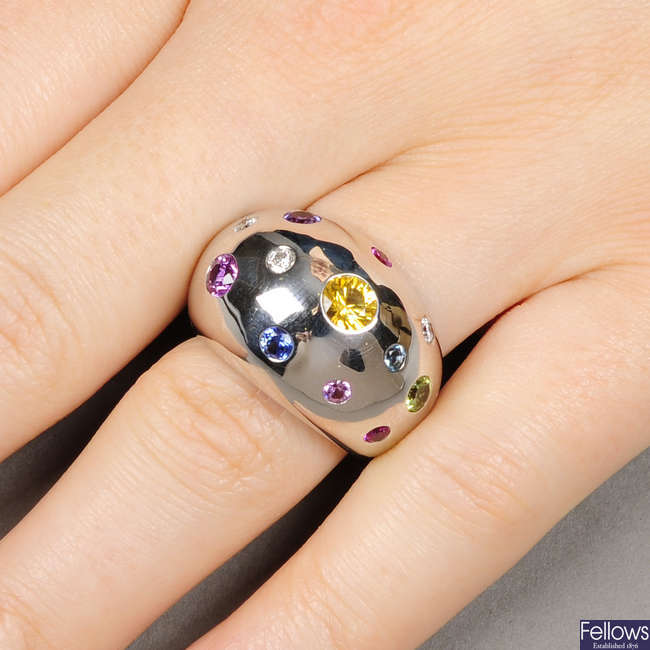 An 18ct gold diamond and gem-set bombe ring.