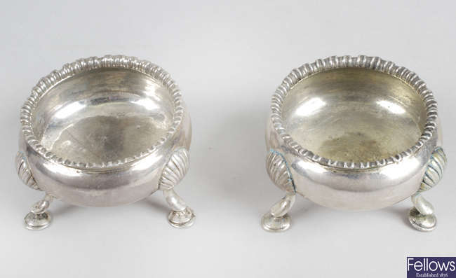 A pair of George III silver cauldron salts.