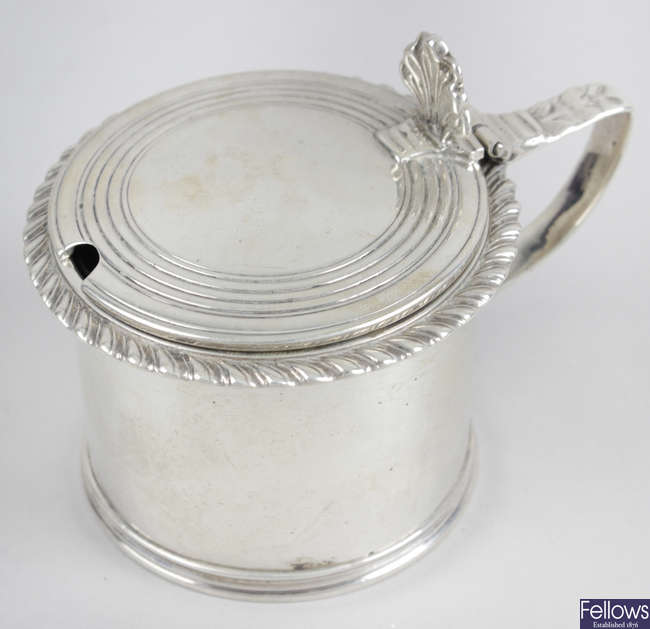 A William IV silver drum mustard pot.