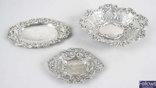 Two Victorian pierced silver dishes & a Victorian embossed silver dish. (3).