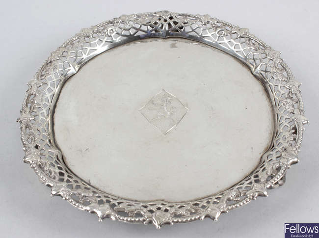 A late George II small silver salver with applied pierced rim.