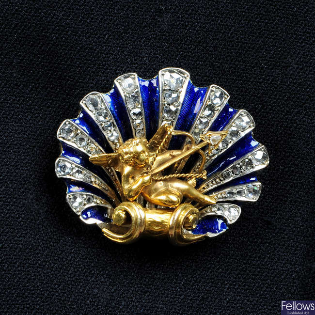 A late Victorian silver and gold, rose-cut diamond and enamel brooch.