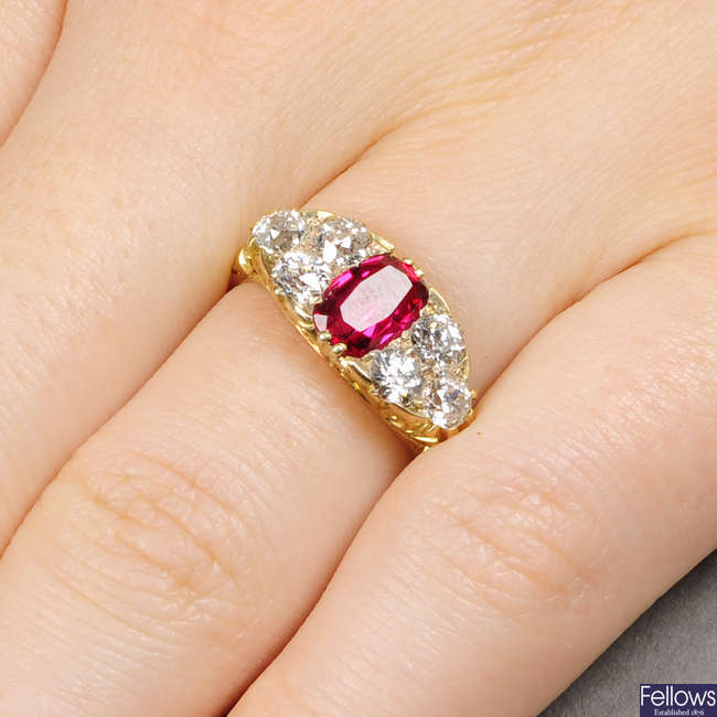 A late Victorian 18ct gold red spinel and old-cut diamond ring.