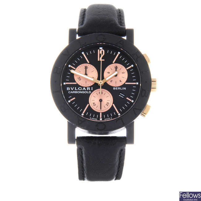 LOT:37 | BULGARI - a limited edition gentleman's bi-material CarbonGold  Berlin chronograph wrist watch.