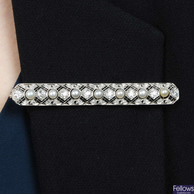 A mid 20th century 18ct gold cultured pearl and diamond bar brooch.