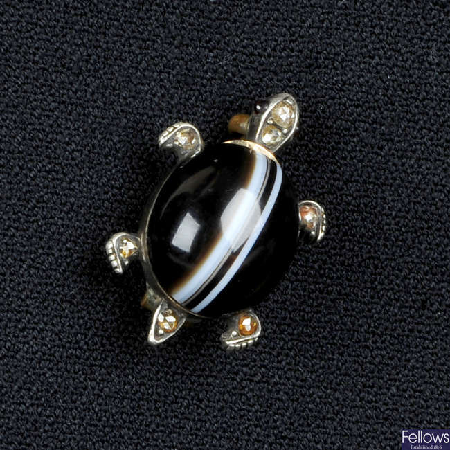 A late Victorian silver and gold, banded agate and rose-cut diamond turtle brooch.