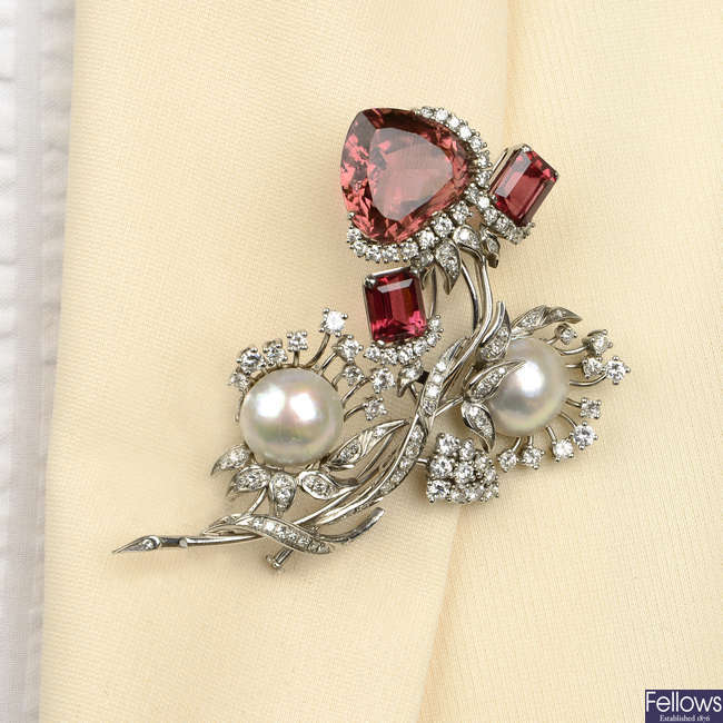 A mid 20th century pink tourmaline, mabe pearl and diamond floral brooch.