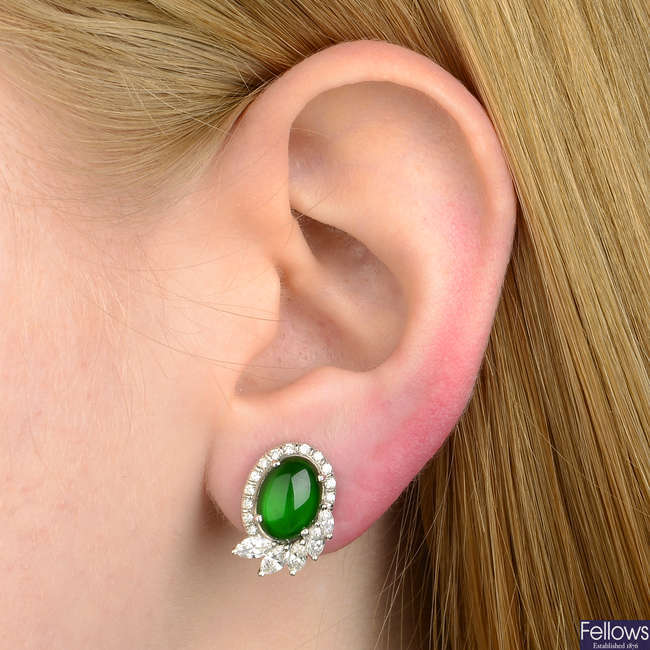 A pair of non-treated jadeite and diamond cluster earrings.