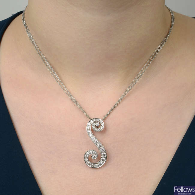 An 18ct gold diamond scroll pendant, on multi-row chain, by Picchiotti.
