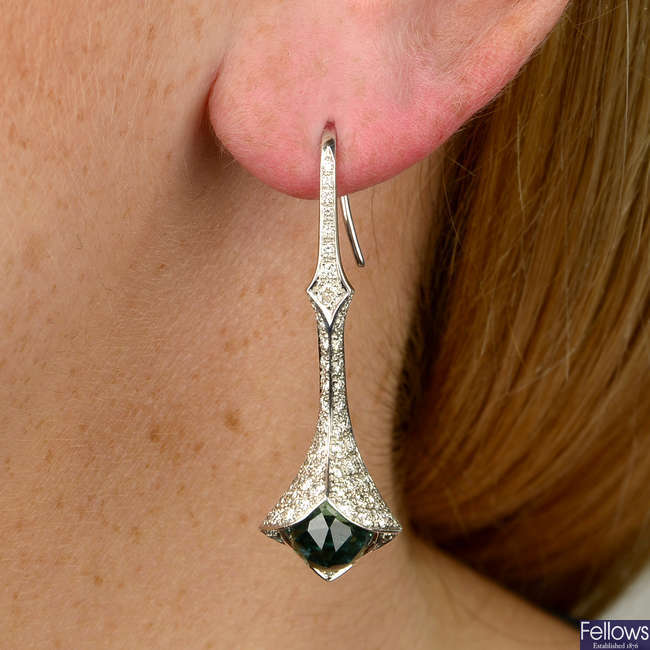 A pair of 18ct gold diamond and blue tourmaline 'Wild Rose' earrings, by Stephen Webster.