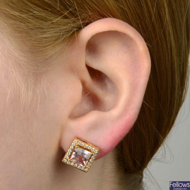 A pair of morganite beryl and brilliant-cut diamond square-shape earrings.