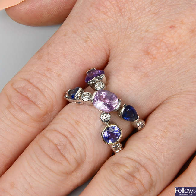 An 18ct gold diamond, pink spinel, tanzanite, blue sapphire and amethyst dress ring.