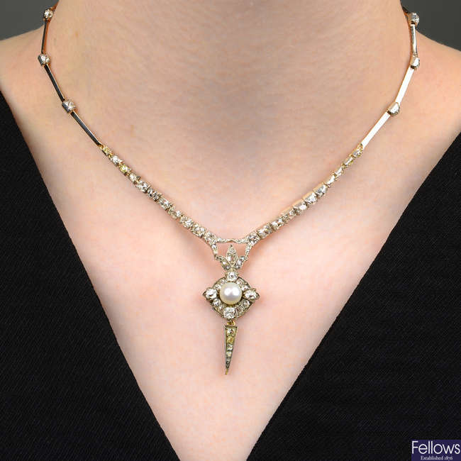 A late Victorian silver and gold, natural pearl and old-cut diamond necklace.