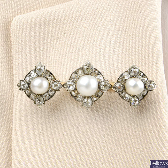 A late Victorian silver and gold, natural pearl and old-cut diamond brooch.