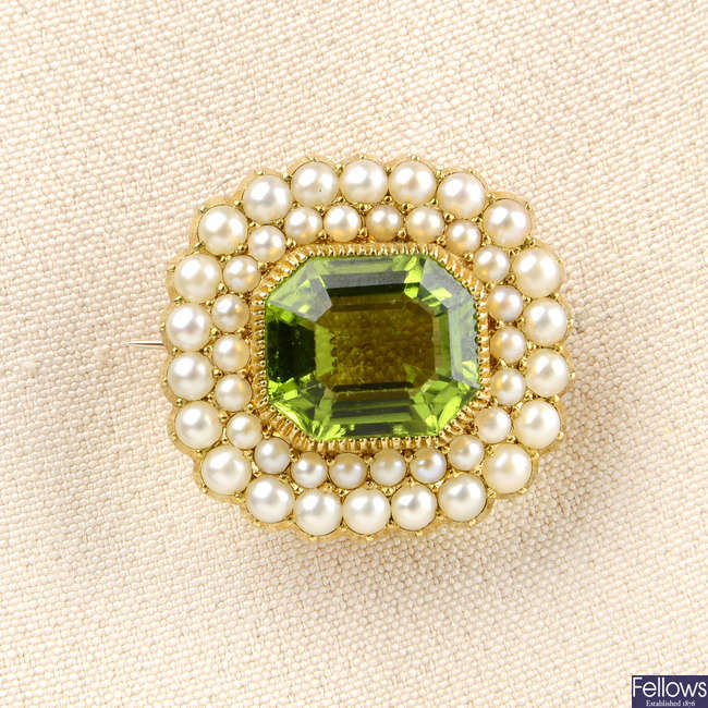 A late Victorian gold, peridot and split pearl brooch.