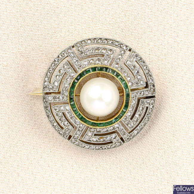 An Art Deco platinum and 18ct gold, natural pearl, calibre emerald and rose-cut diamond geometric brooch.