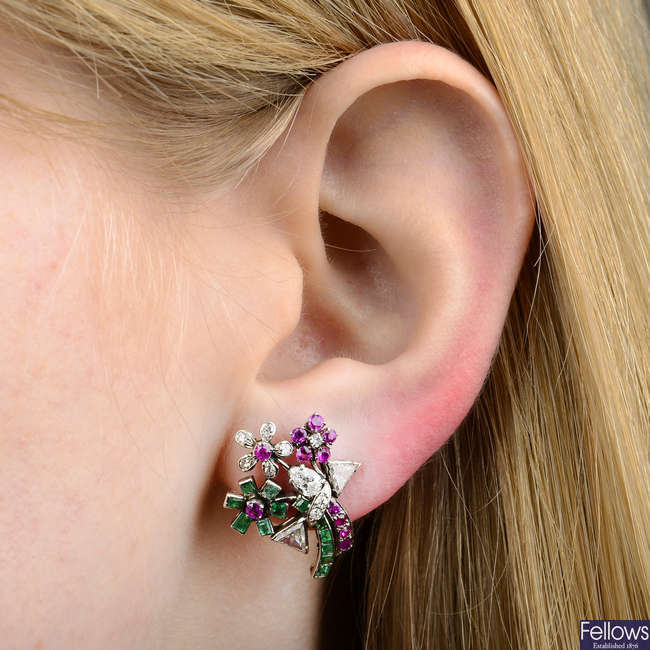 A pair of mid 20th century vari-shape diamond, ruby and emerald floral bouquet earrings.