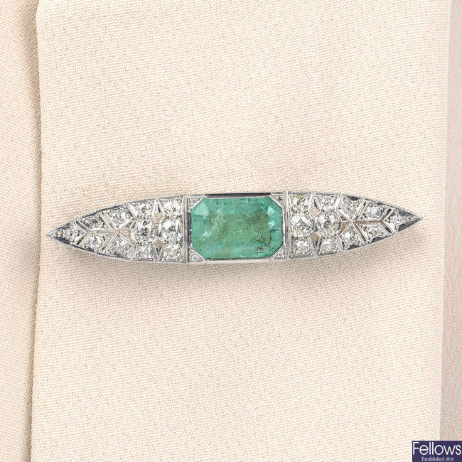 A mid 20th century 18ct gold emerald and old-cut diamond brooch.