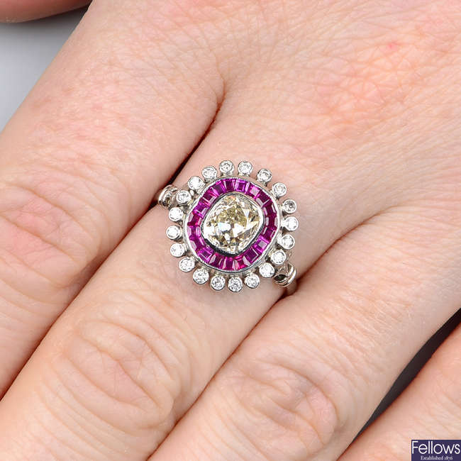 An old-cut diamond, calibre-cut ruby and brilliant-cut diamond cluster ring.