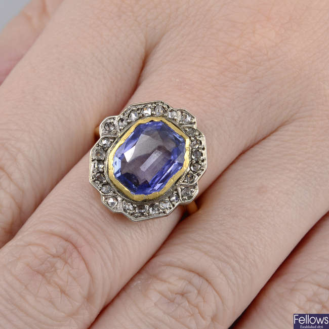 An early 20th century 18ct gold sapphire and rose-cut diamond cluster ring.