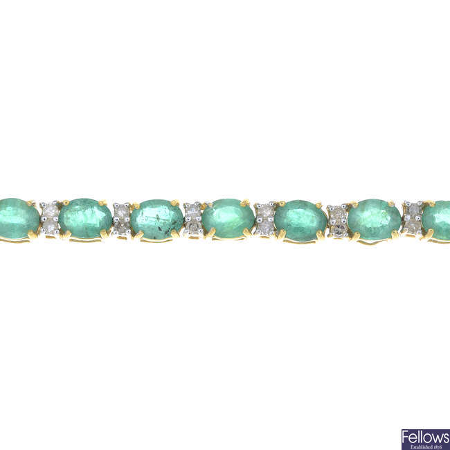An oval-shape emerald and single-cut diamond bracelet.