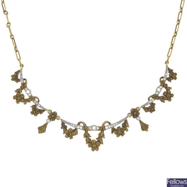 A Belle Époque 18ct gold rose-cut diamond floral necklace.