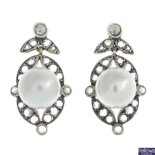 A pair of cultured pearl and rose-cut diamond earrings.
