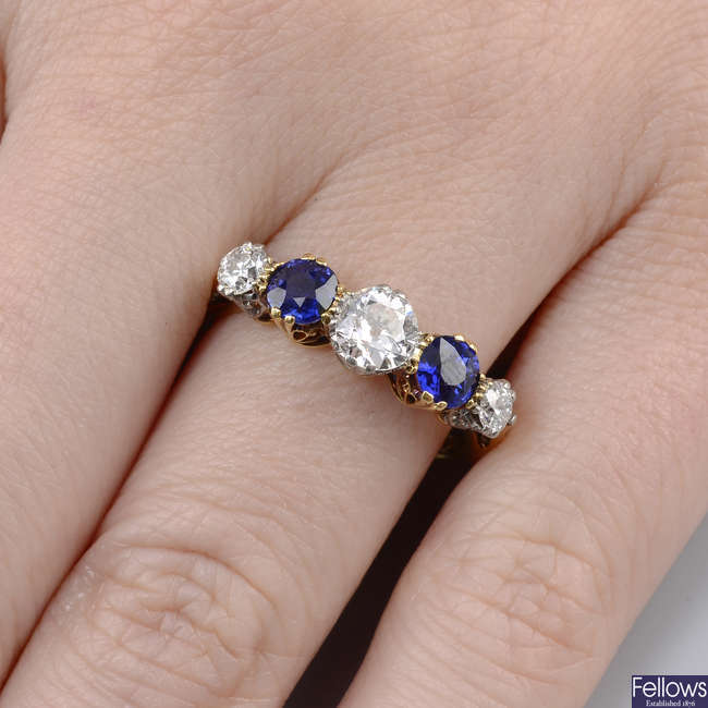An Edwardian 18ct gold no heat sapphire and old-cut diamond five-stone ring.