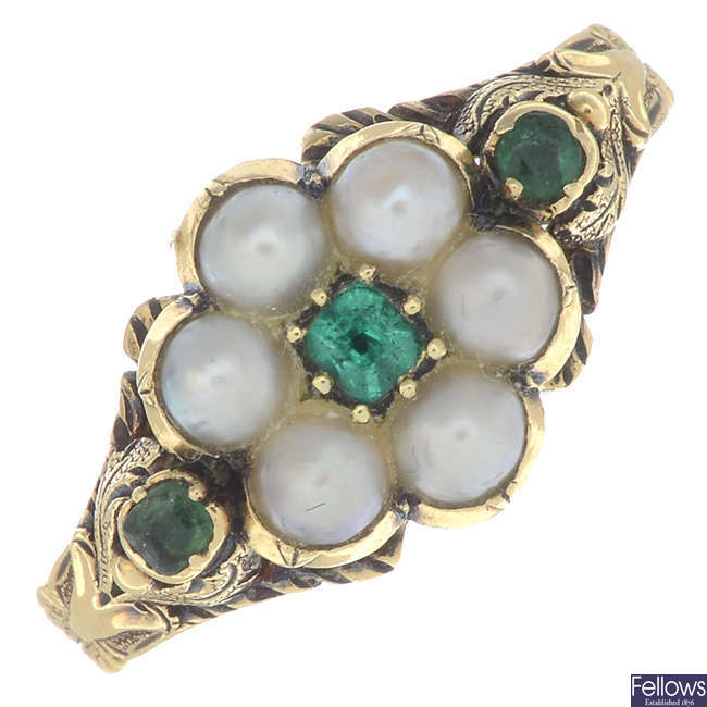 A mid 19th century gold split pearl and vari-cut emerald ring.