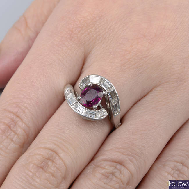 A Thai ruby and baguette-cut diamond asymmetric dress ring.