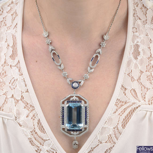 An aquamarine, sapphire and brilliant-cut diamond necklace.