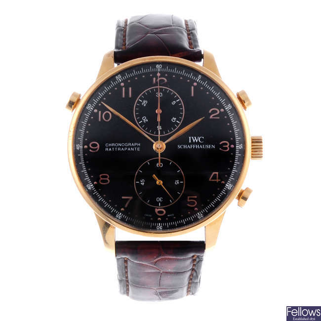 IWC - a gentleman's 18ct rose gold Rattrapante chronograph wrist watch.