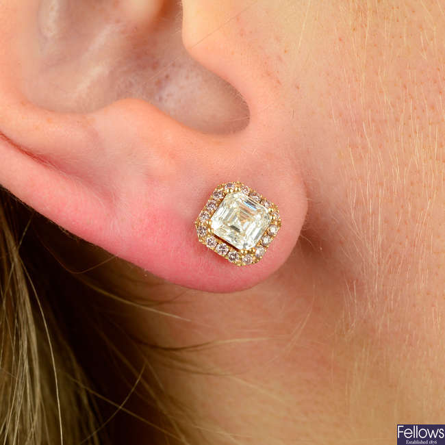 A pair of 18ct gold square-shape diamond and brilliant-cut 'pink' diamond cluster earrings.