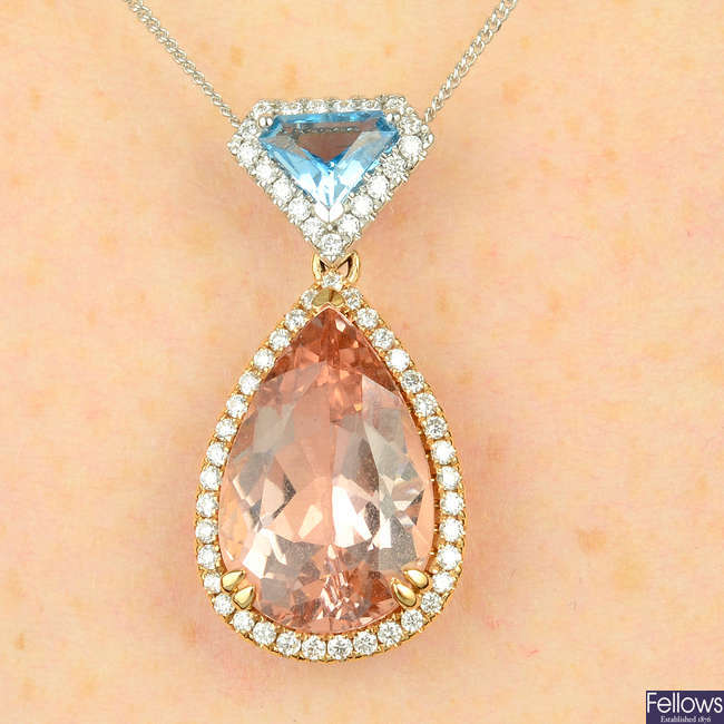 An 18ct gold morganite, aquamarine and diamond pendant.