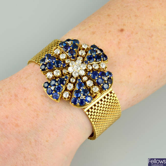 A mid 20th century old-cut diamond and sapphire floral bracelet, convertible to a brooch.