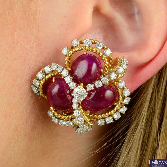 A pair of Burmese ruby cabochon and diamond earrings.