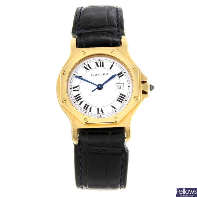 CARTIER - a yellow metal Santos Octagon wrist watch, 29mm.