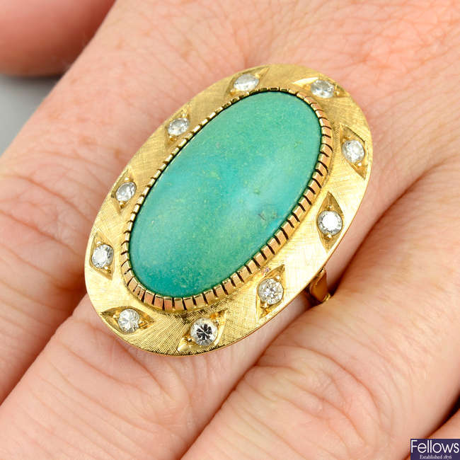 A mid 20th century 18ct gold turquoise and brilliant-cut diamond textured dress ring.