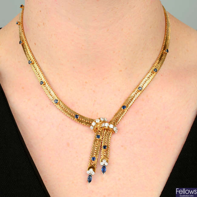 A 1960s 18ct gold sapphire and diamond necklace, by Kutchinsky.