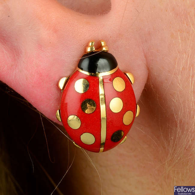 A pair of 18ct gold enamel ladybird earrings, by Cartier.