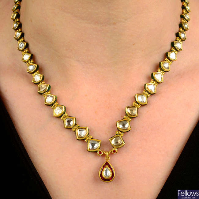 A Kundan polki diamond and enamel necklace.