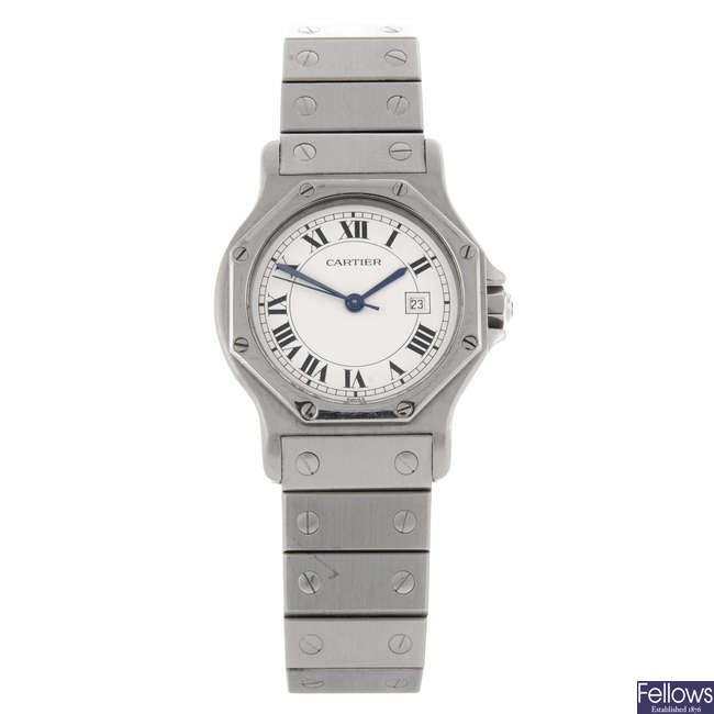 CARTIER - a lady's stainless steel Santos Ronde bracelet watch.