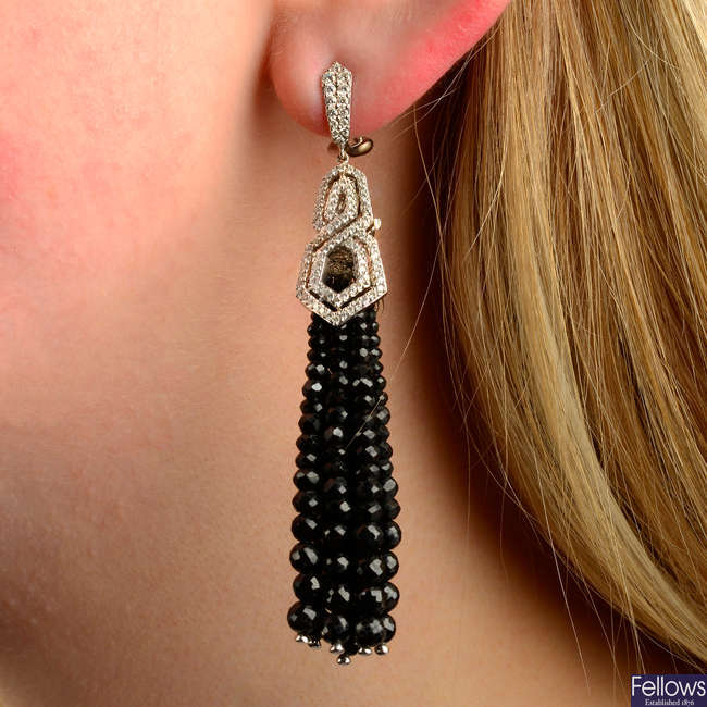A pair of 18ct gold diamond 'The London Collection' earrings, with detachable black spinel tassel.